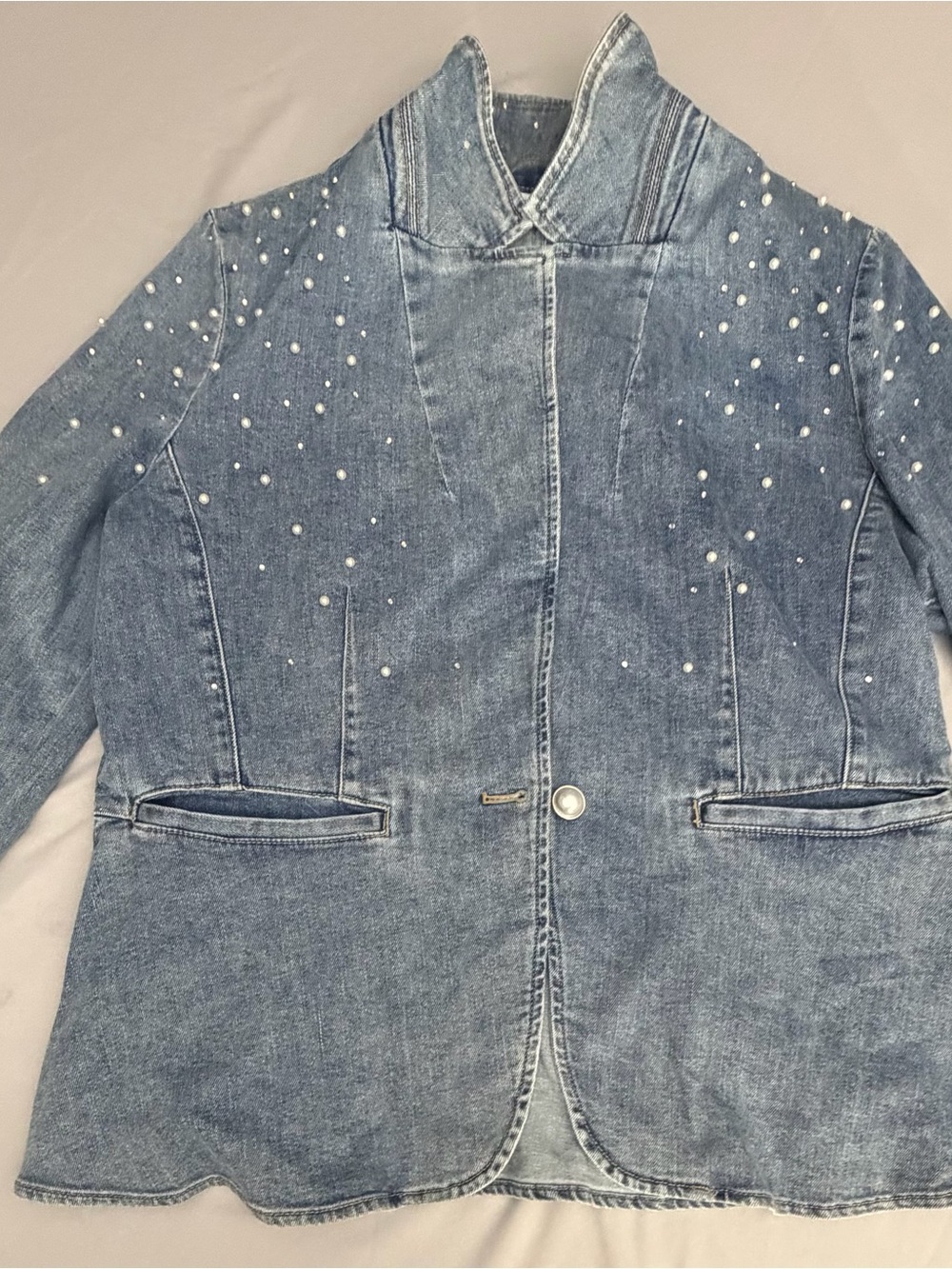 Chico's Washed Blue Pearl-Accent Jean Jacket
